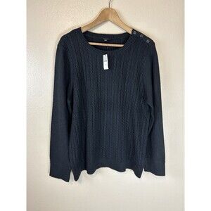 Talbots XL Sweater Pullover Cable Knit Fisherman Black Modern Button Shoulder